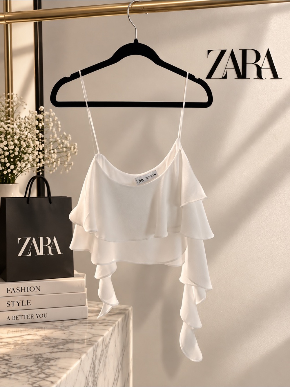 ZARA White Ruffled Spaghetti-Strap Crop Camisole